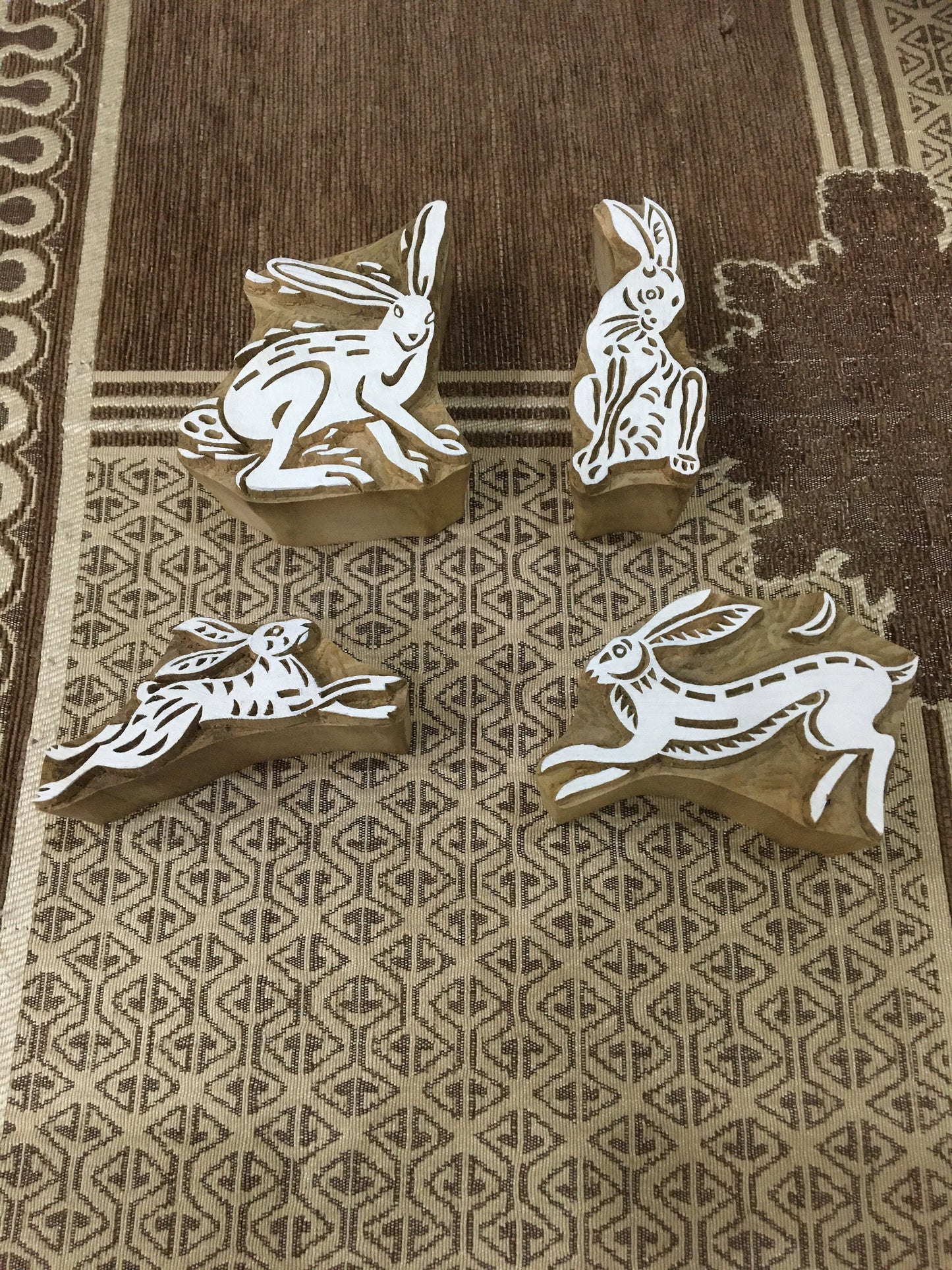 Hopping Harmony: A Group of Hares Wooden Printing Blocks Stamps, hand carved Indian wood printing block; textile stamp; pottery stamp,