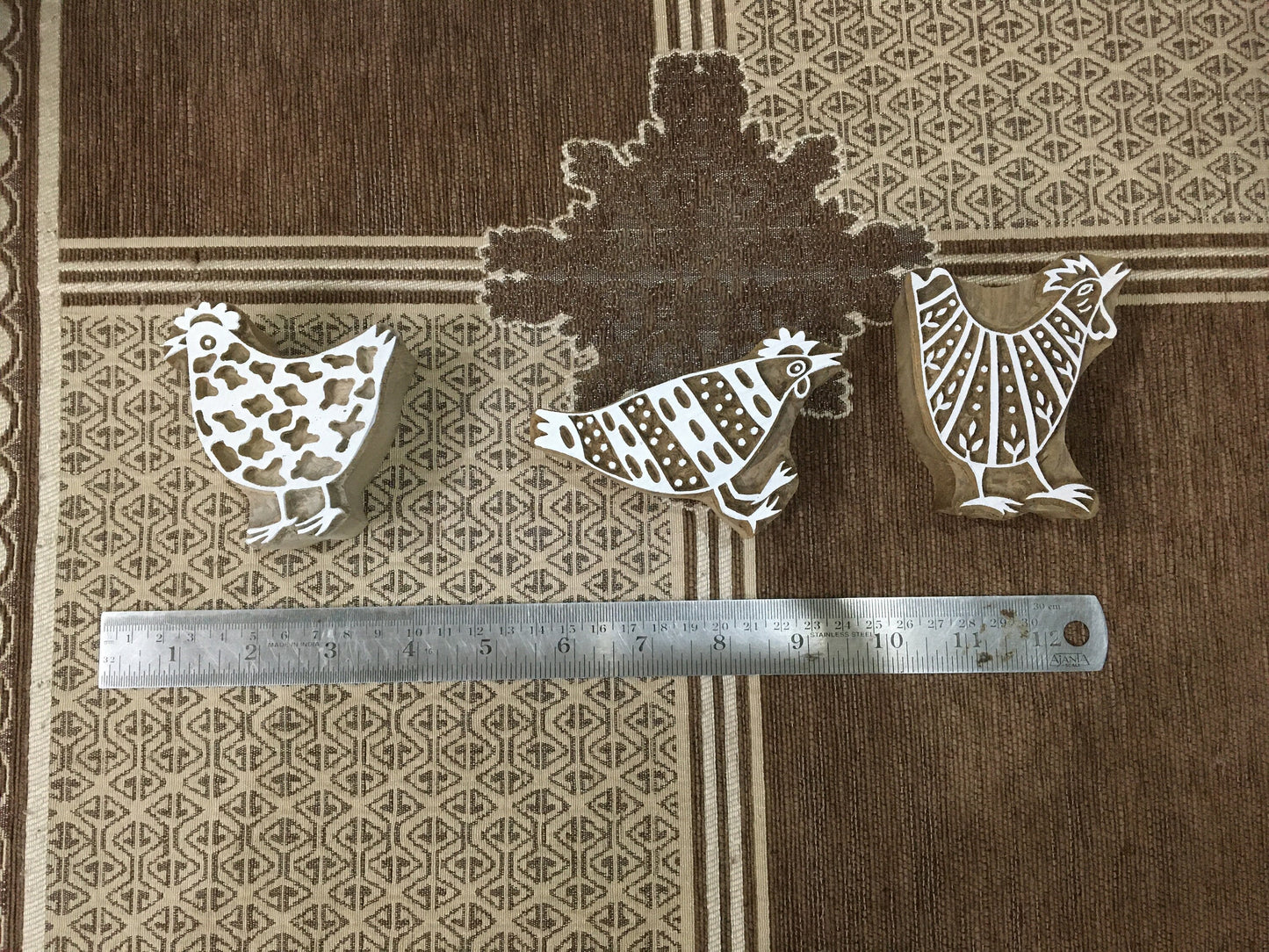 Feathered Flock: A Group of Hen, hand carved Indian wood printing block; textile stamp; pottery stamp,