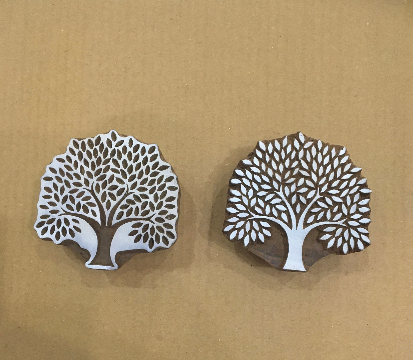 Indian Wooden Printing Block – Bold Spring Tree Positive & Negative, hand carved Indian wood printing block; textile stamp; pottery stamp,