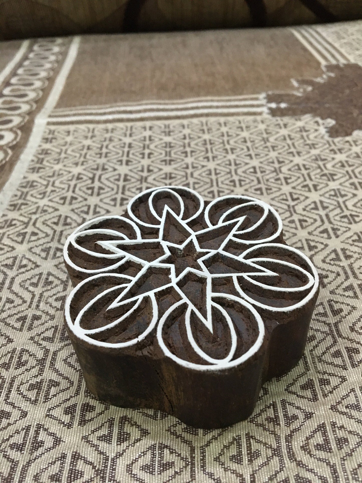 Geometric Mandal, round hand carved Indian wood printing block; textile stamp; pottery stamp,