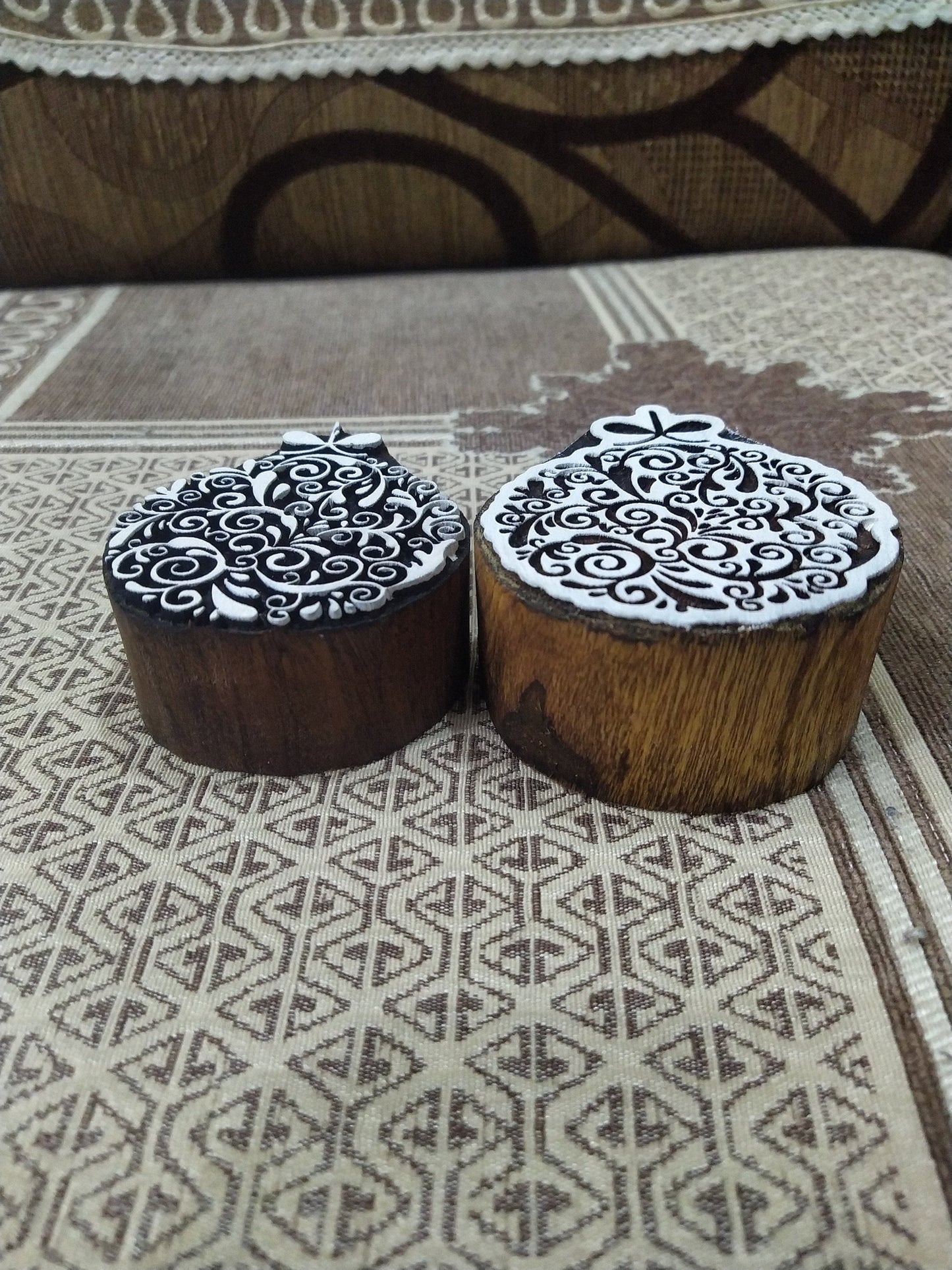 Positive & Negative Pair Of Detailed Christmas Bauble, hand carved Indian wood printing block; textile stamp; pottery stamp,
