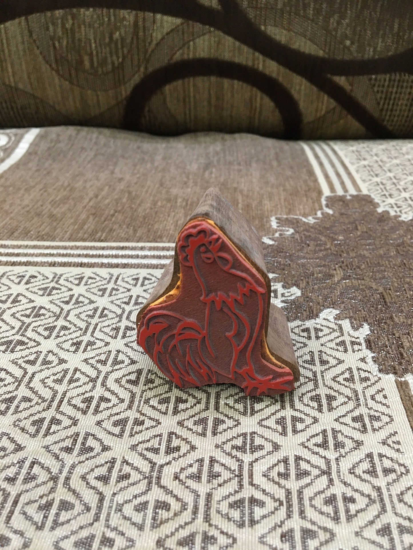 Indian Wood mounted rubber Printing Block – Cockerel, hand carved Indian wood printing block; textile stamp; pottery stamp,