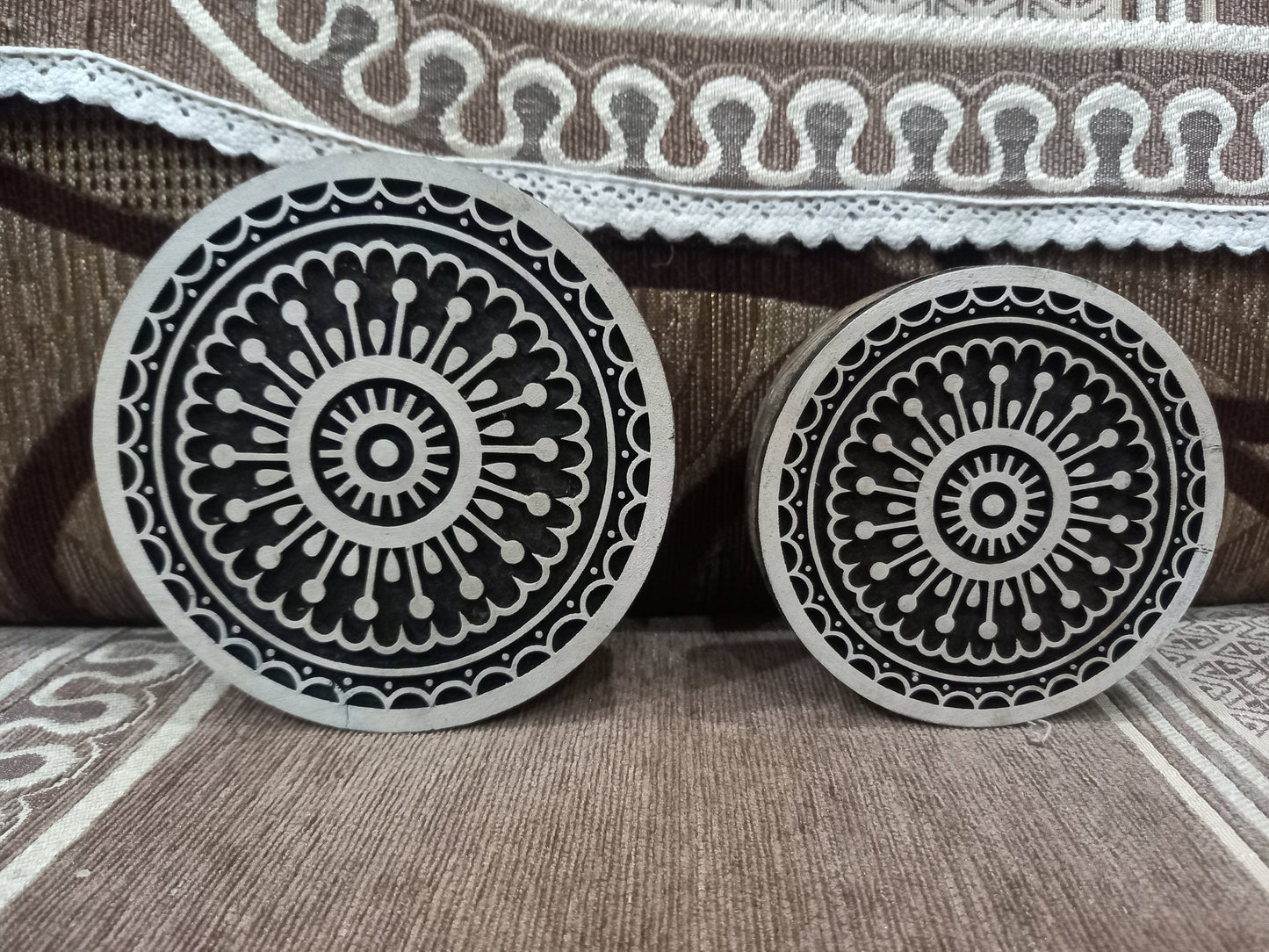 A Mandala Block ,Round Hand Carved Indian Wooden Stamp , Wood Block for Textile Fabric Stamping Henna Pottery DIY