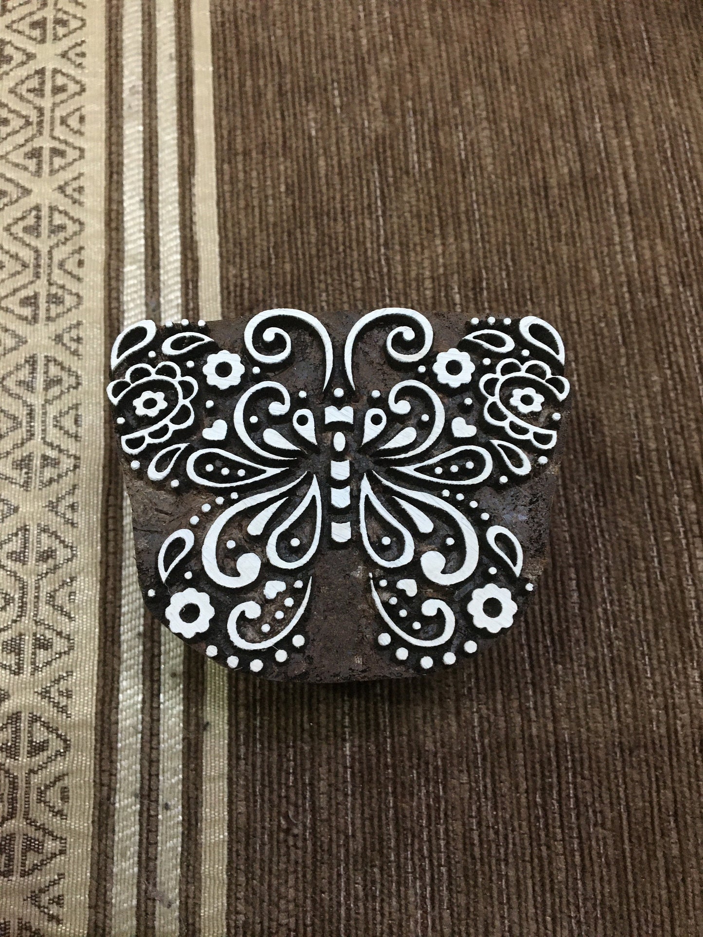 Indian Wooden Printing Block – Detailed Butterfly, hand carved Indian wood printing block; textile stamp; pottery stamp,