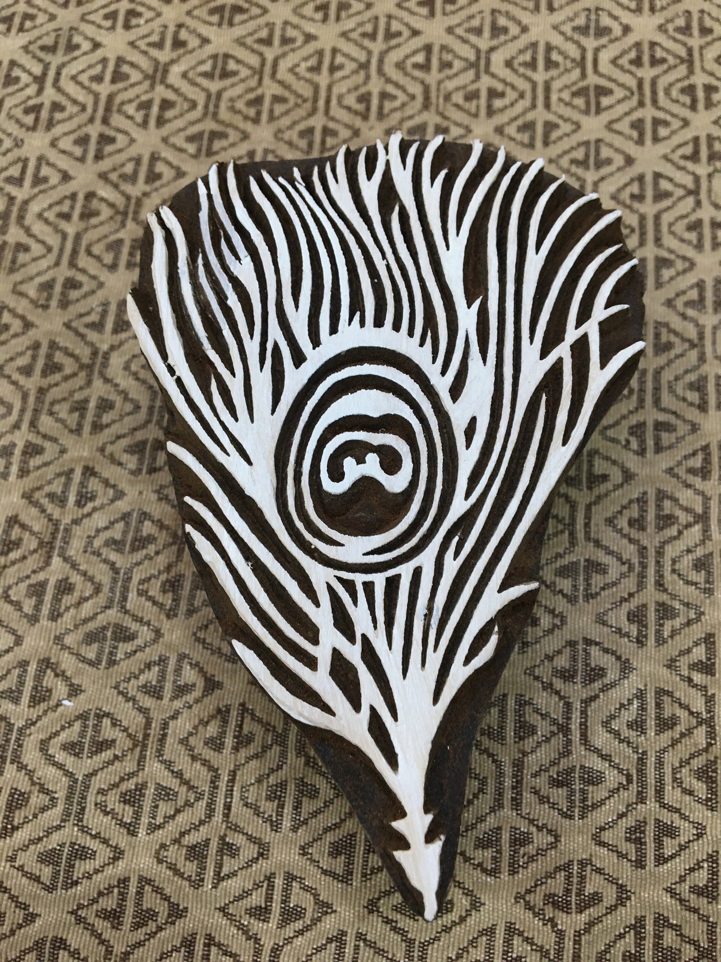 Peacock Feather, hand carved Indian wood printing block; textile stamp; pottery stamp,