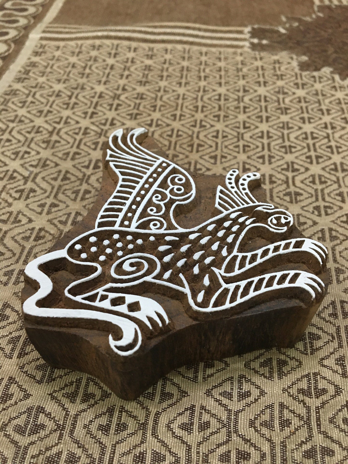 Griffin, hand carved Indian wood printing block; textile stamp; pottery stamp,