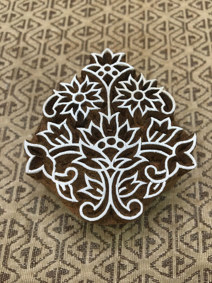 Oriental Flower, hand carved Indian wood printing block; textile stamp; pottery stamp,
