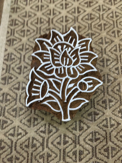 Flower with leaves, hand carved Indian wood printing block; textile stamp; pottery stamp,