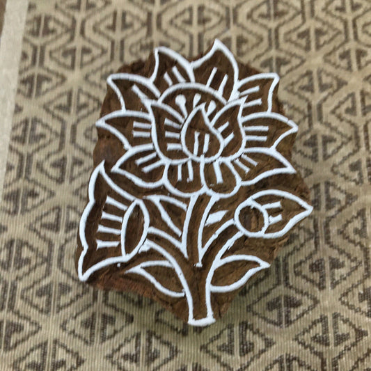 Flower with leaves, hand carved Indian wood printing block; textile stamp; pottery stamp,