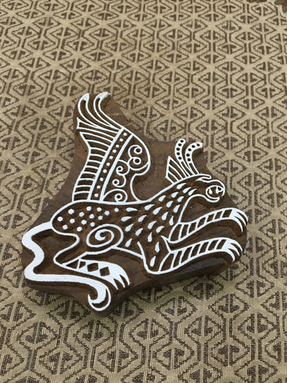 Griffin, hand carved Indian wood printing block; textile stamp; pottery stamp,