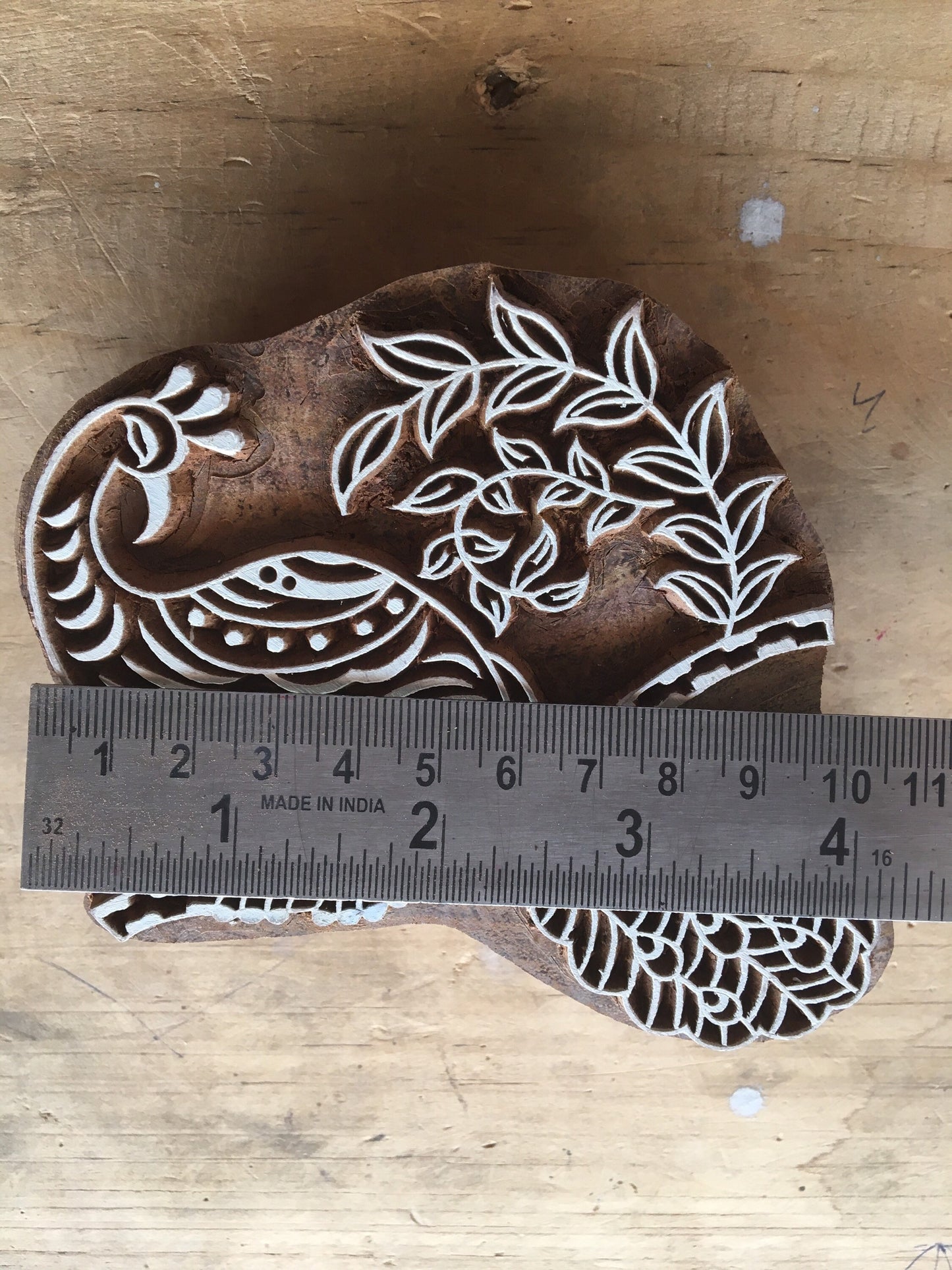 Peacock on branch wooden stamp, hand carved Indian wood printing block; textile stamp; pottery stamp,