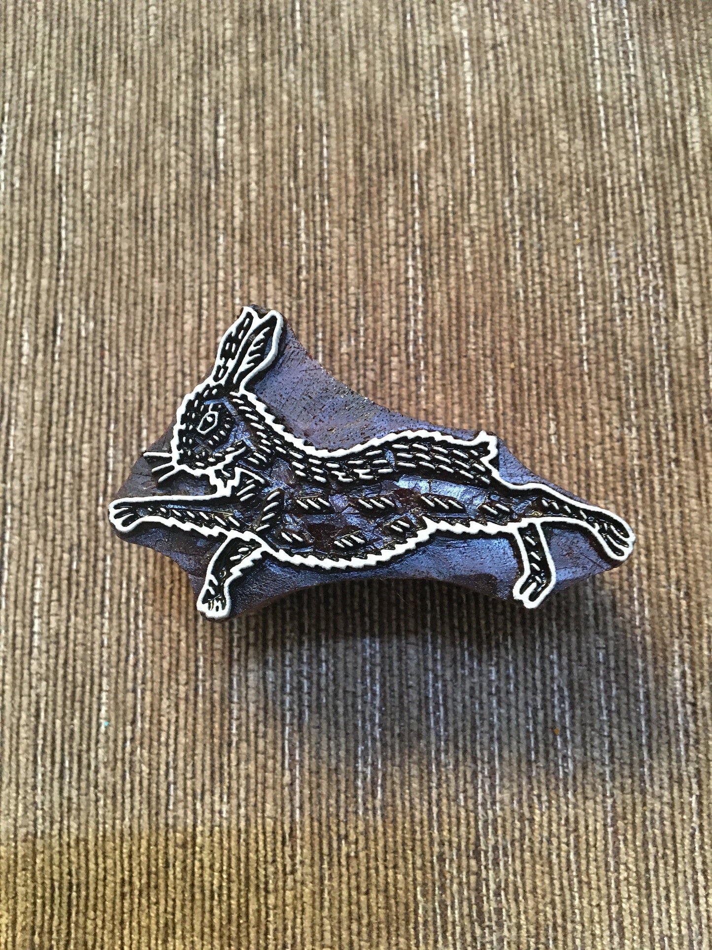 Leaping Hare, hand carved Indian wood printing block; textile stamp; pottery stamp,