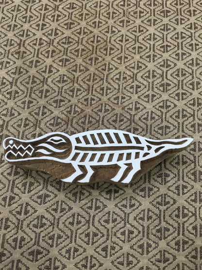 Indian Artistic Wooden Stamp:  Gator, Majestic Alligator in Intricate Detail, hand carved Indian block; textile stamp; pottery stamp,