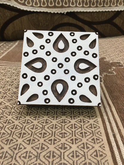 Indian Wooden Printing Block - Dotty Leaf Tile with Handle ,hand carved Indian wood printing block; textile stamp; pottery stamp,