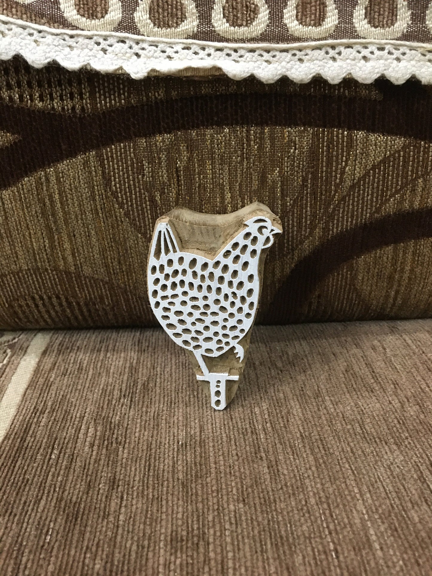 Graceful Hen Perched on Iron Stand: A Rustic Display of Beauty, hand carved Indian wood printing block; textile stamp; pottery stamp,