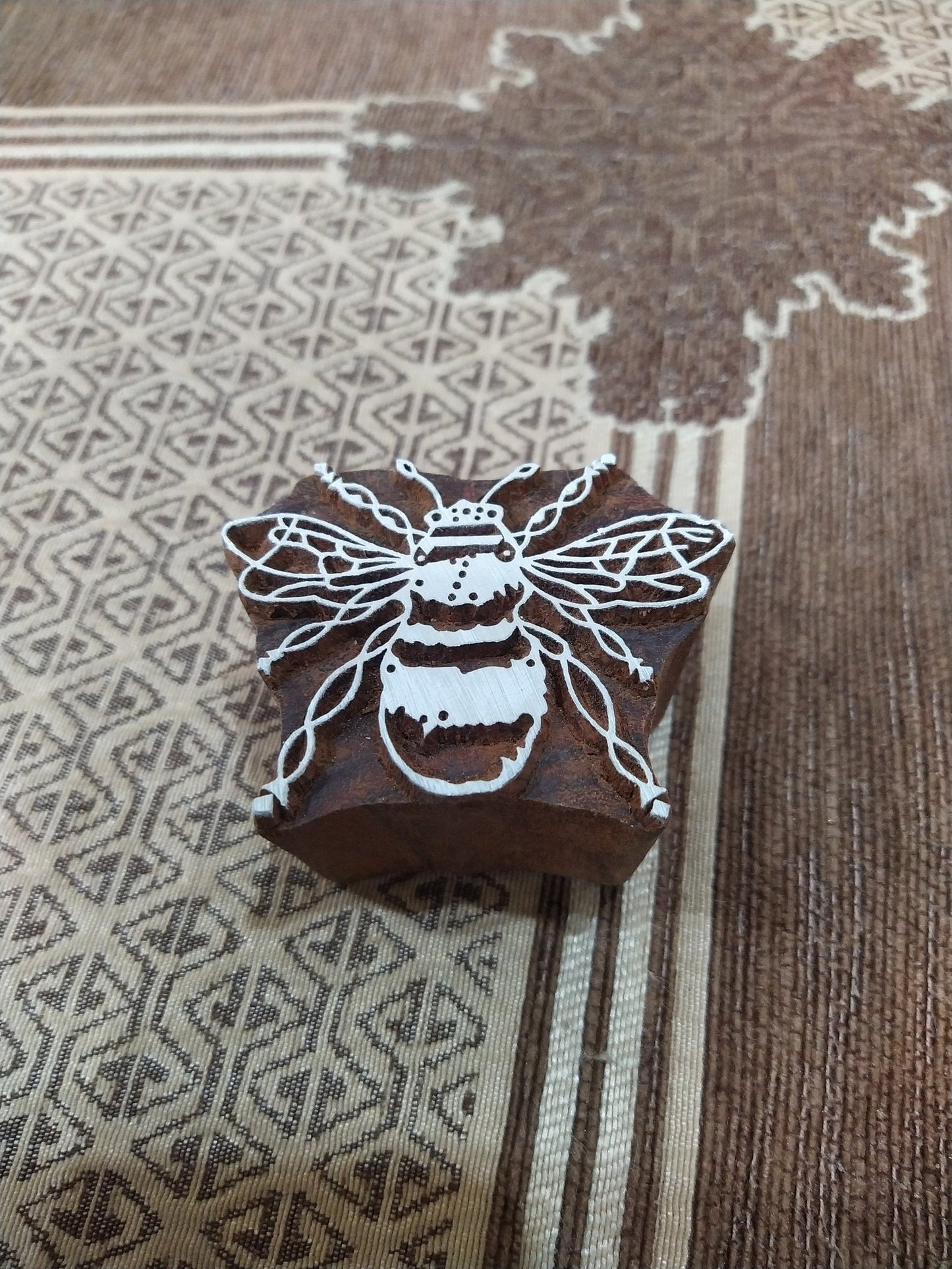 Honey Bee, Bumble Bee, hand carved Indian wood printing block; textile stamp; pottery stamp,