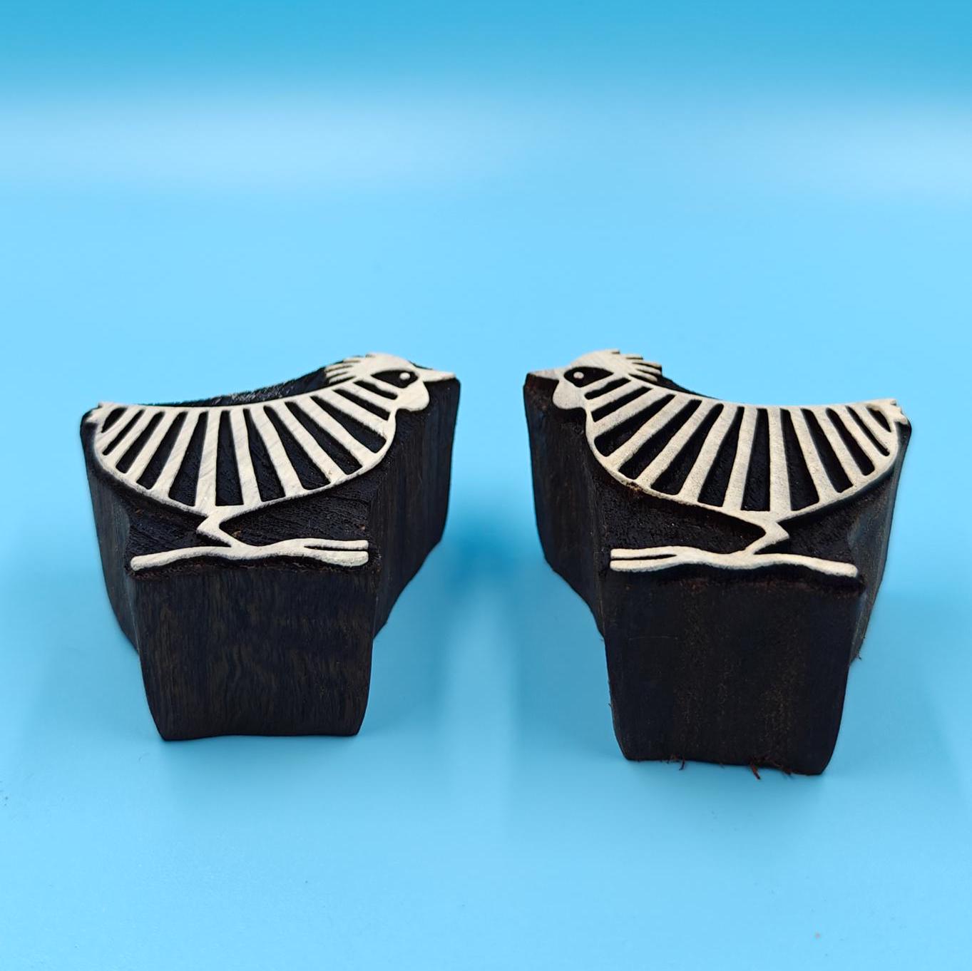 Indian Wooden Printing Block-Stripy Chicken Pair , hand carved Indian wood printing block; textile stamp; pottery stamp, Batik Tjaps,