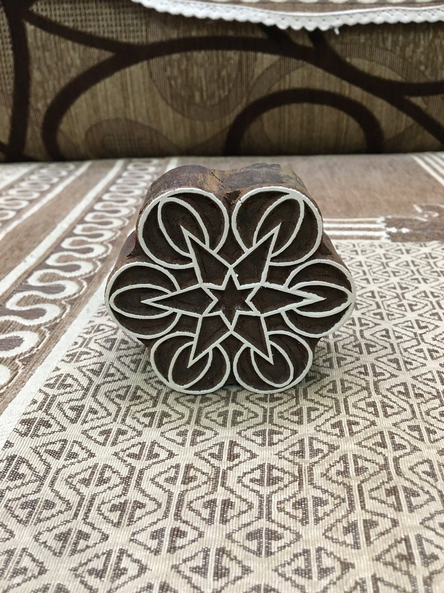 Geometric Mandal, round hand carved Indian wood printing block; textile stamp; pottery stamp,