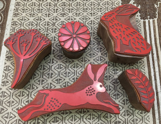 Hares and Seed Heads Stamp Block Set, hand carved Indian wood mounted rubber printing block; textile stamp; pottery stamp,