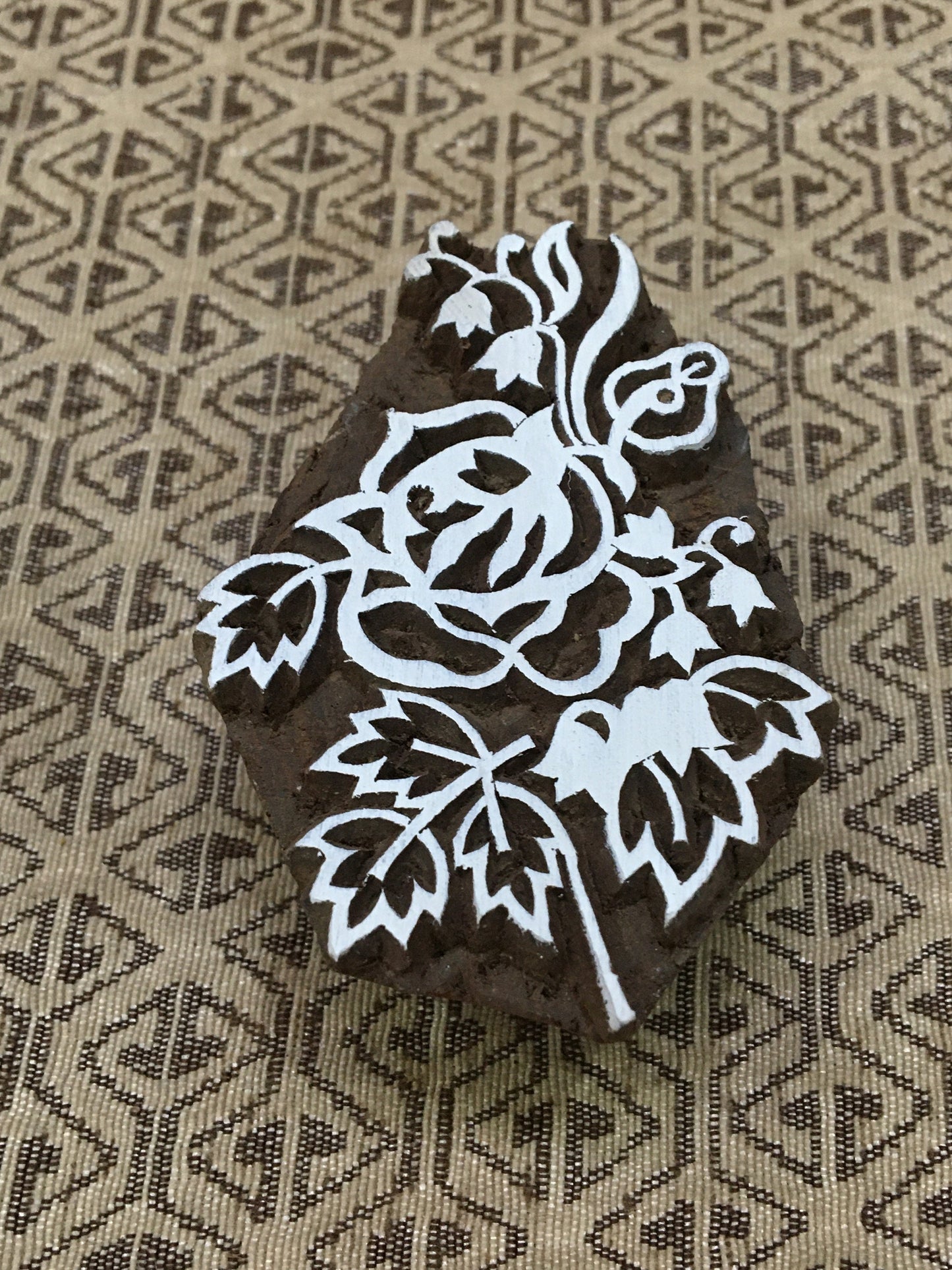 Rose Plant, hand carved Indian wood printing block; textile stamp; pottery stamp,