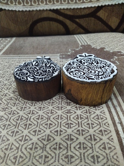 Positive & Negative Pair Of Detailed Christmas Bauble, hand carved Indian wood printing block; textile stamp; pottery stamp,