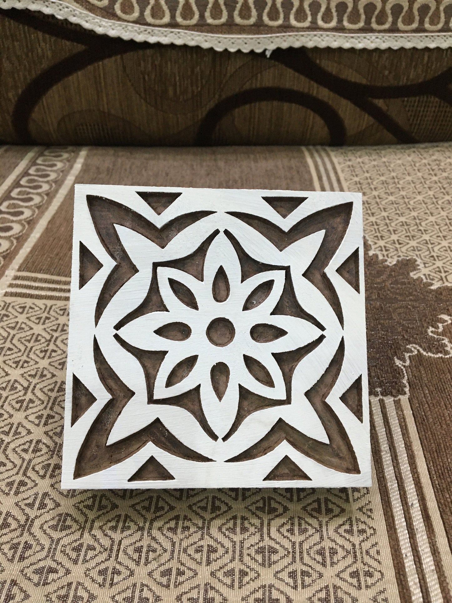 Harmonious Fusion: Indian Wooden Printing Block Meets Mediterranean Tile, hand carved  block; textile stamp; pottery stamp,