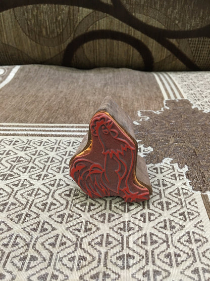 Indian Wood mounted rubber Printing Block – Cockerel, hand carved Indian wood printing block; textile stamp; pottery stamp,