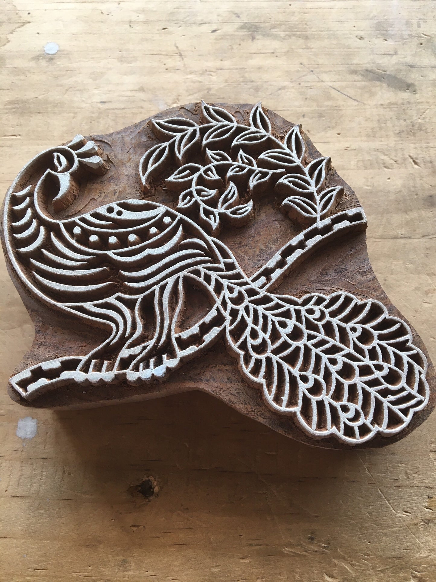Peacock on branch wooden stamp, hand carved Indian wood printing block; textile stamp; pottery stamp,