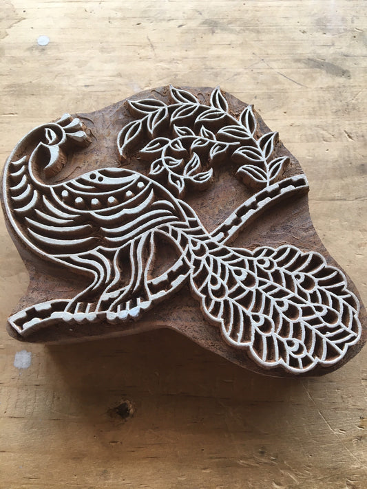 Peacock on branch wooden stamp, hand carved Indian wood printing block; textile stamp; pottery stamp,