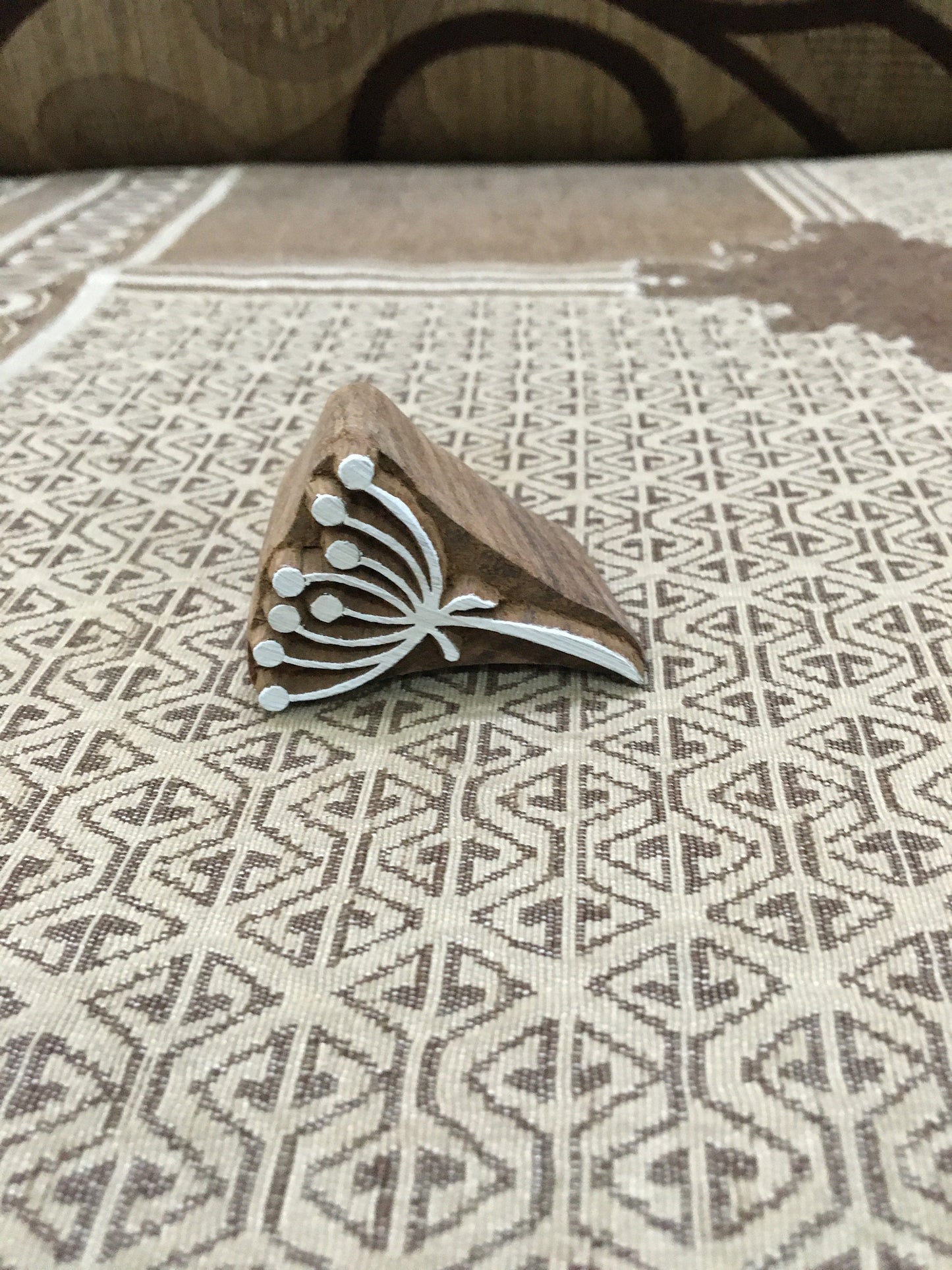 Small stylised seedhead, hand carved Indian wood printing block; textile stamp; pottery stamp,