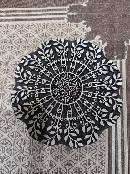 Leafy Mandala Pair , Round Hand Carved Indian Wooden Stamp ,Wood Block for Textile Fabric Stamping Henna Pottery DIY