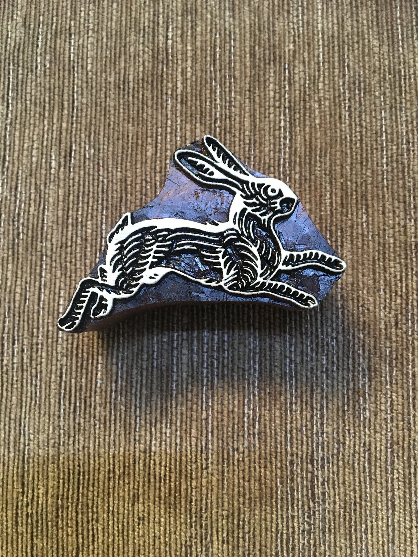 Leaping Hare, hand carved Indian wood printing block; textile stamp; pottery stamp,