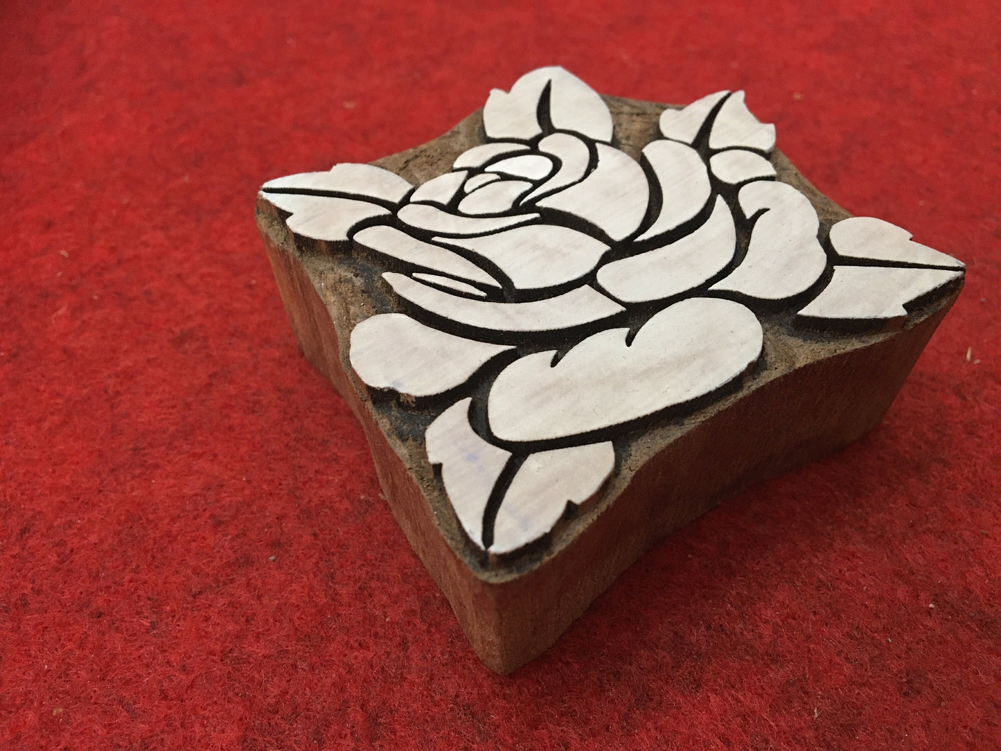 Rose with leaves, hand carved Indian wood printing block; textile stamp; pottery stamp,
