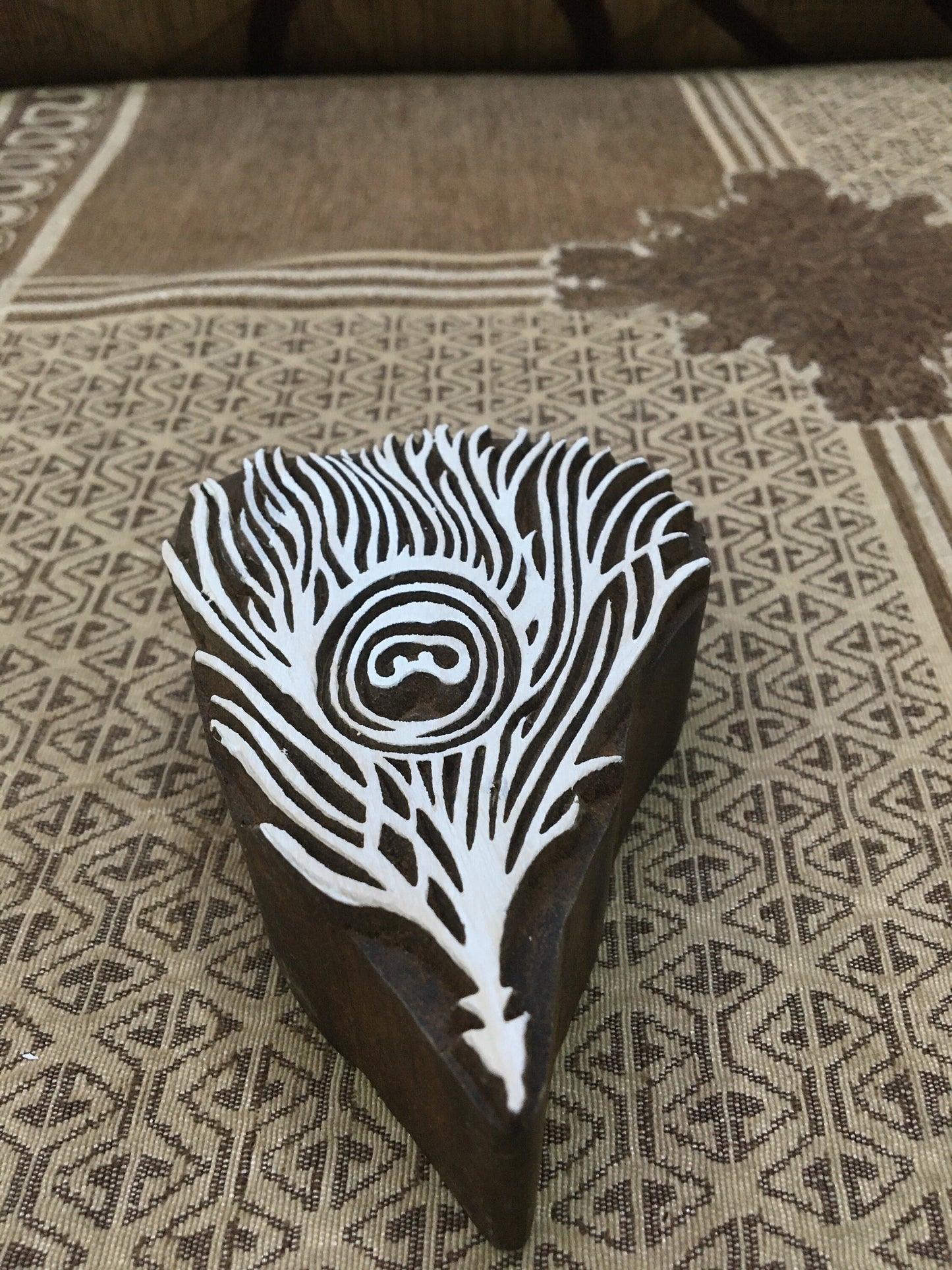 Peacock Feather, hand carved Indian wood printing block; textile stamp; pottery stamp,