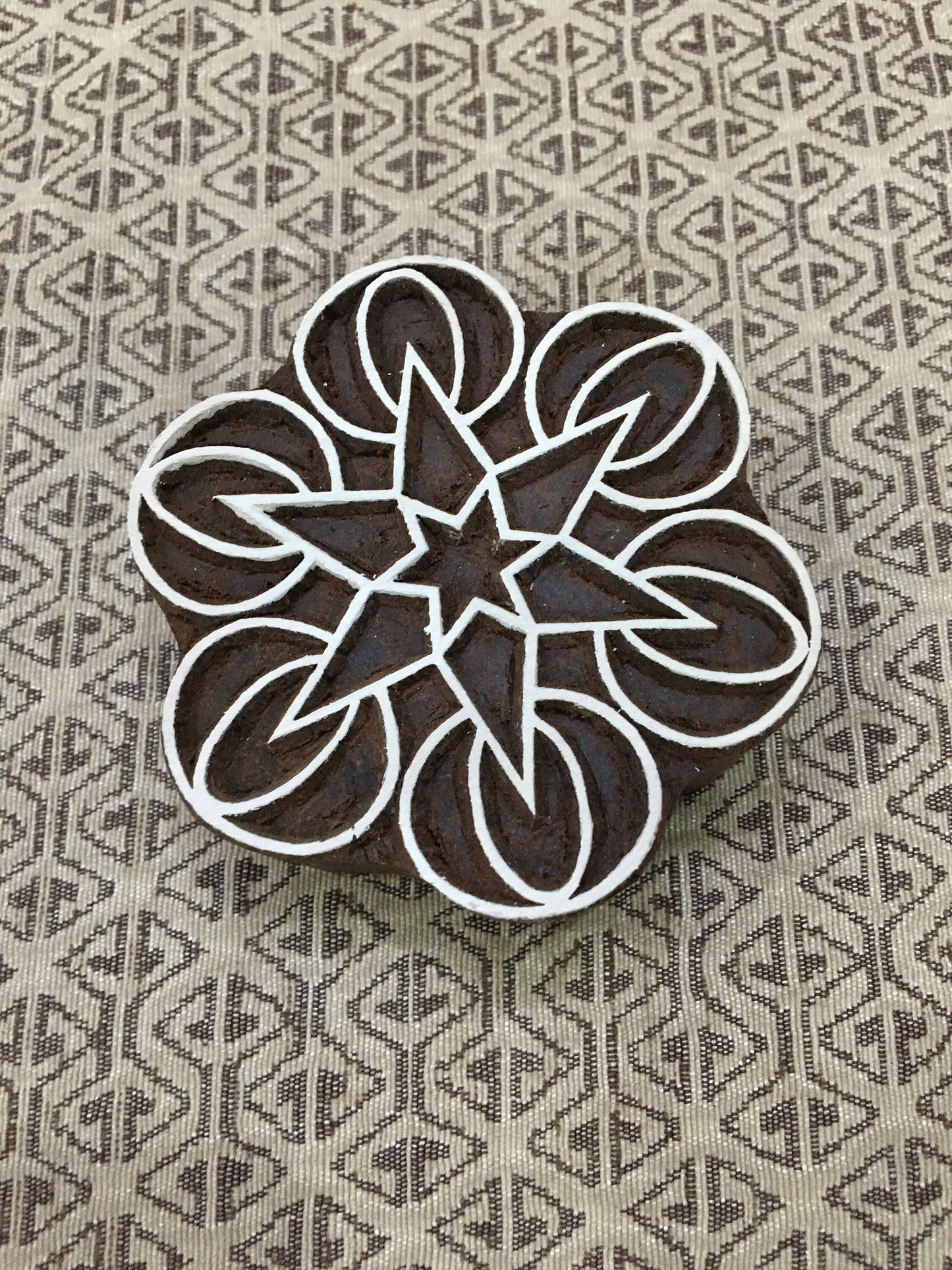 Geometric Mandal, round hand carved Indian wood printing block; textile stamp; pottery stamp,