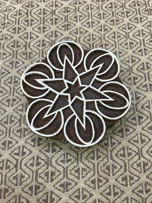 Geometric Mandal, round hand carved Indian wood printing block; textile stamp; pottery stamp,