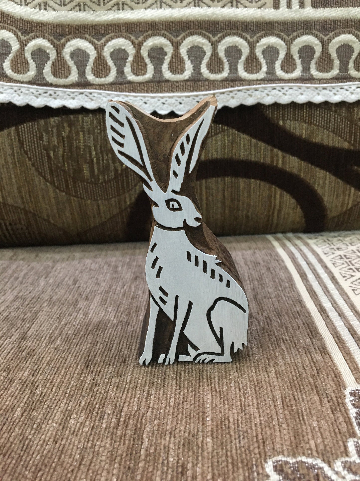 sitting hare, hand carved Indian wood printing block; textile stamp; pottery stamp,
