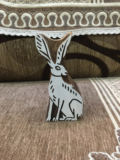 sitting hare, hand carved Indian wood printing block; textile stamp; pottery stamp,