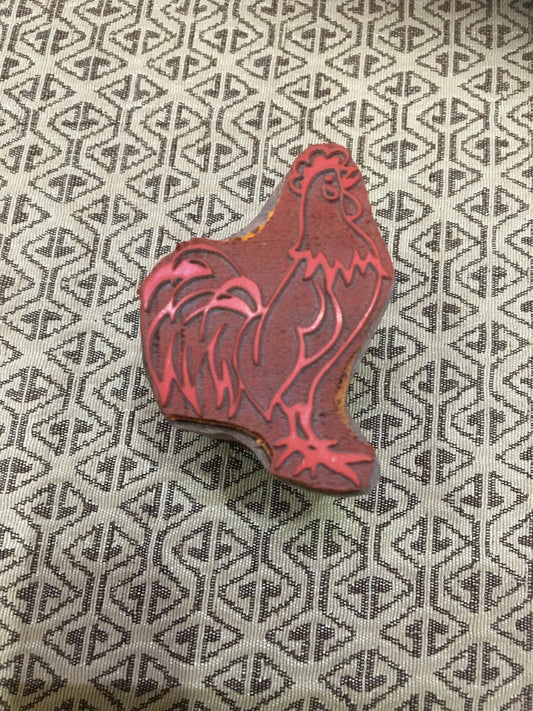 Indian Wood mounted rubber Printing Block – Cockerel, hand carved Indian wood printing block; textile stamp; pottery stamp,
