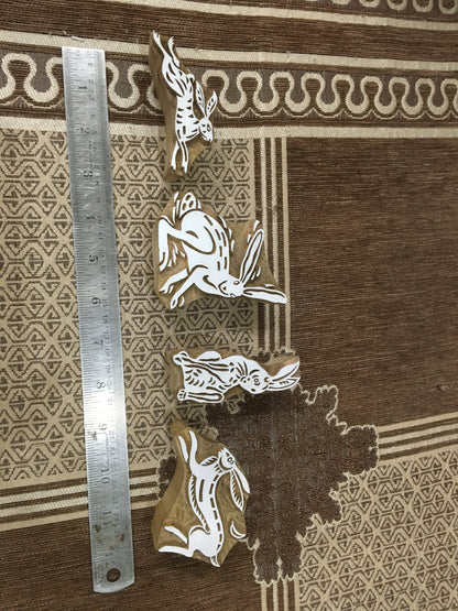 Hopping Harmony: A Group of Hares Wooden Printing Blocks Stamps, hand carved Indian wood printing block; textile stamp; pottery stamp,
