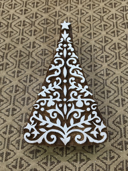 Leafy Christmas Tree, hand carved Indian wood printing block; textile stamp; pottery stamp,