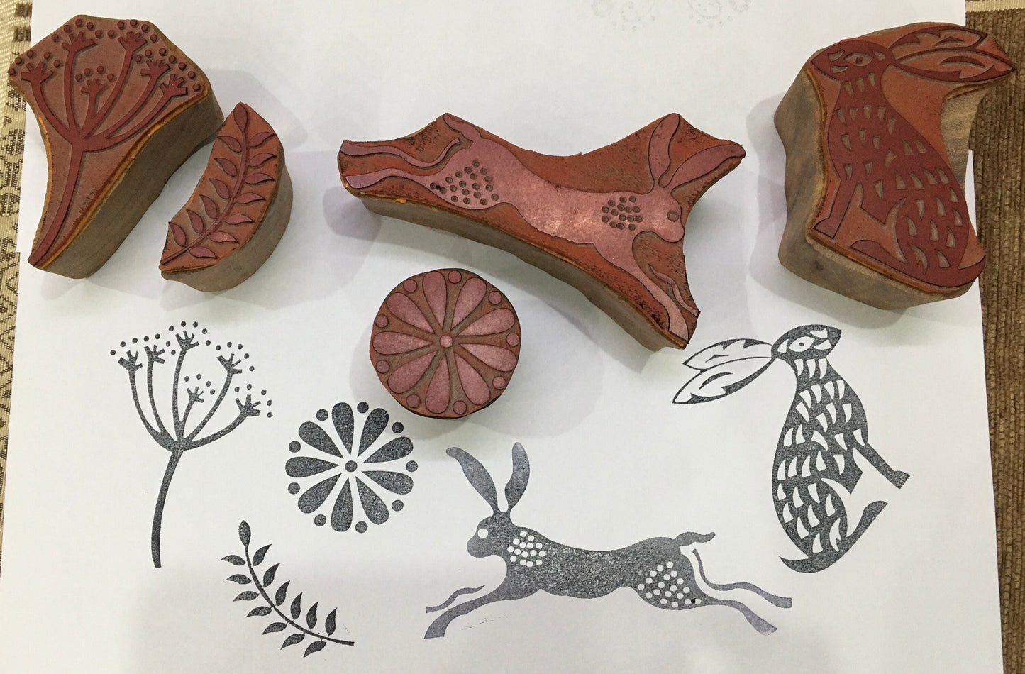 Hares and Seed Heads Stamp Block Set, hand carved Indian wood mounted rubber printing block; textile stamp; pottery stamp,