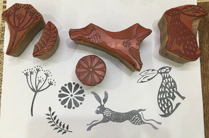 Hares and Seed Heads Stamp Block Set, hand carved Indian wood mounted rubber printing block; textile stamp; pottery stamp,