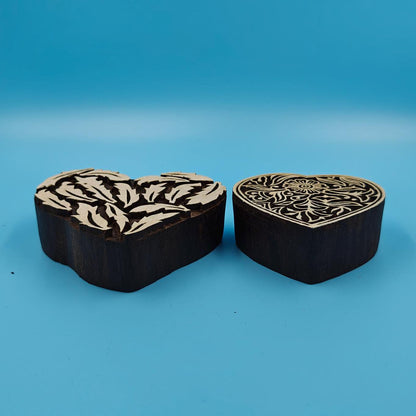 Pair of Hearts : Indian Wooden Printing Block, hand carved Indian wood printing block; textile stamp; pottery stamp,