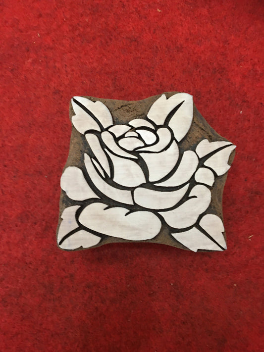 Rose with leaves, hand carved Indian wood printing block; textile stamp; pottery stamp,