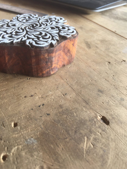 Multi Wavy Leaf Mandala, hand carved Indian wood printing block; textile stamp; pottery stamp,