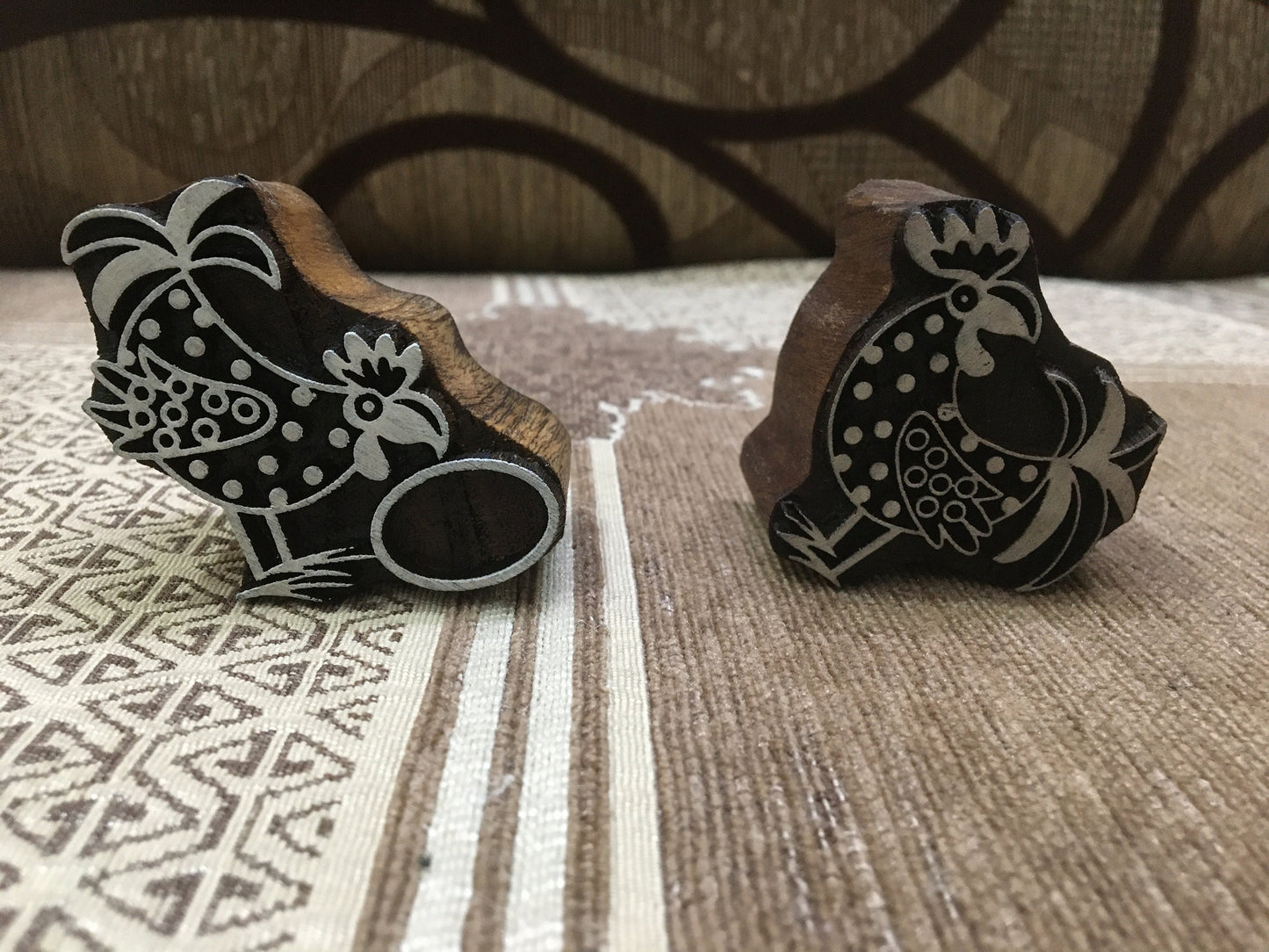 Funky Chickens Indian Artistic Handicraft Items Wooden Printing Block, hand carved Indian wood printing block; textile stamp; pottery stamp,