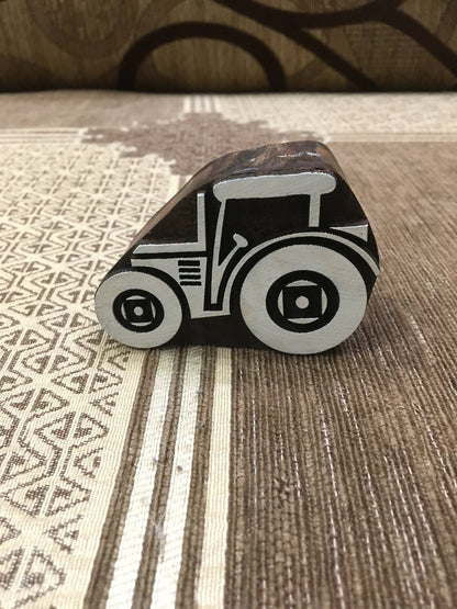Detailed Christmas Farmyard Tractor, hand carved Indian wood printing block; textile stamp; pottery stamp,