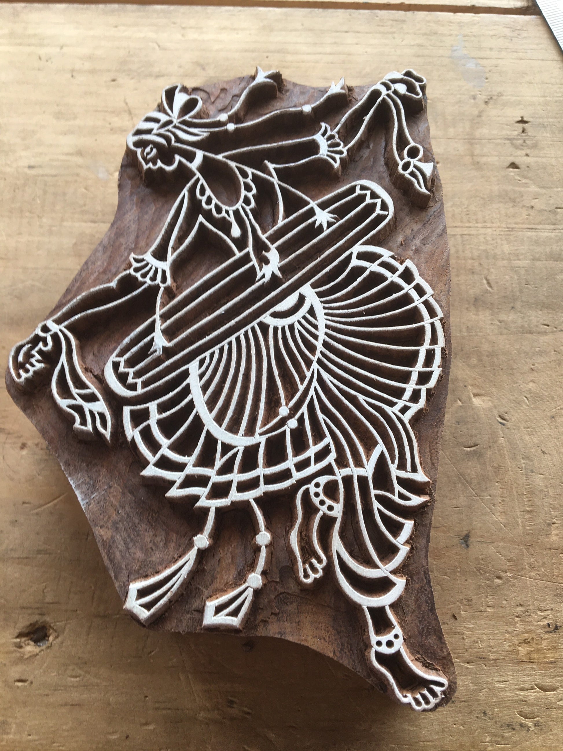 Dancing Man playing Totom folk art stamp, hand carved Indian wood printing block; textile stamp; pottery stamp,