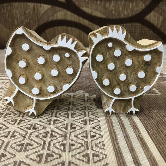 Double Delight: A Pair of Hen Wooden Printing Blocks Stamps, hand carved Indian wood printing block; textile stamp; pottery stamp,